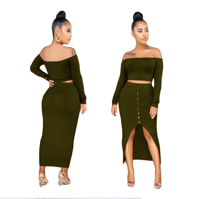 Two Piece Set Ribbed Long Sleeve Strapless Crop Top and Bodycon Skirt Dress 2 Women's Suits Outfits | Женская одежда