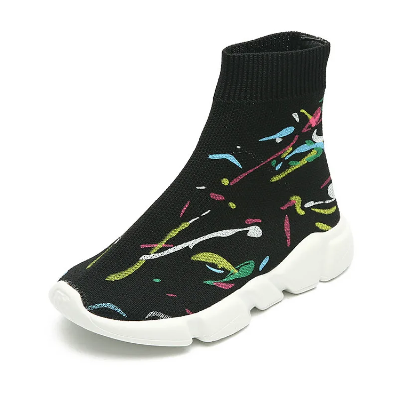 Детские вязаные кроссовки черные с граффити для мальчиков и девочек