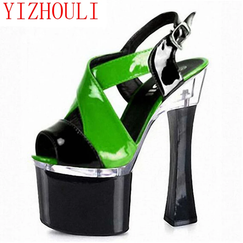 Spell color contrast color fish mouth hollow out sandals, 18 cm super high heels, with big size Dance Shoes