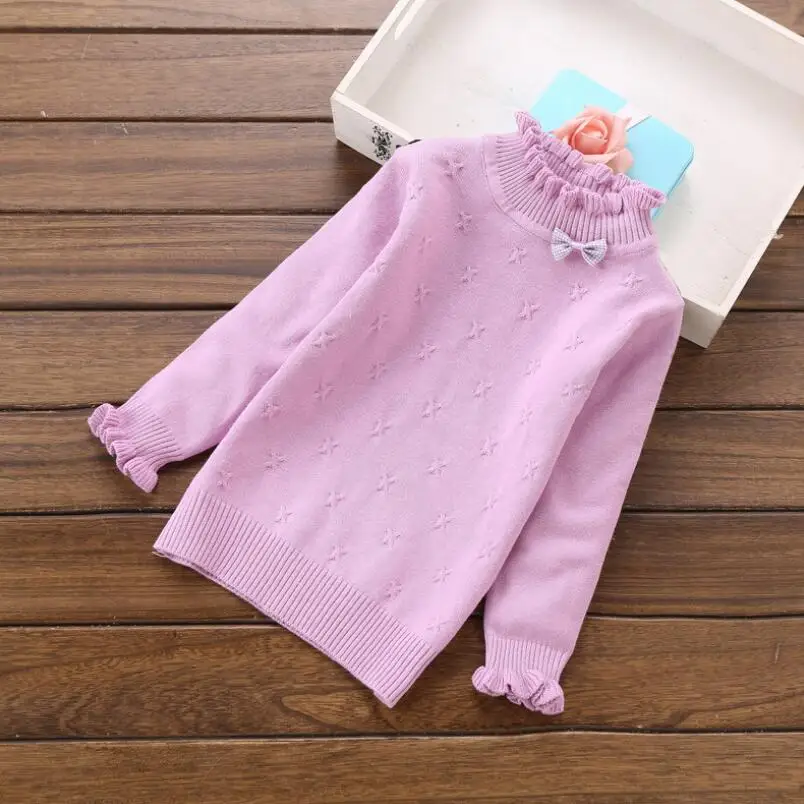 purple toddler tops Осенне-зимняя одежда для маленьких детей от 18 месяцев до 11 лет пуловер для больших девочек, свитер детские вязаные свитера с длинными рукавами и оборками, с бантом, топы - Цвет: purple toddler tops