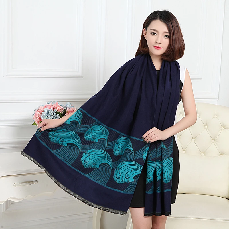 Платки И Шарфы Волны Печати Сплошной Фон Длинные Люксовый Бренд Шарф Женщин Плед