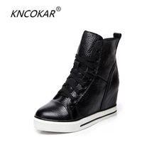kncokar new style four seasons fashionable small white shoe genuine leather inside heighten a round head fastens to take
