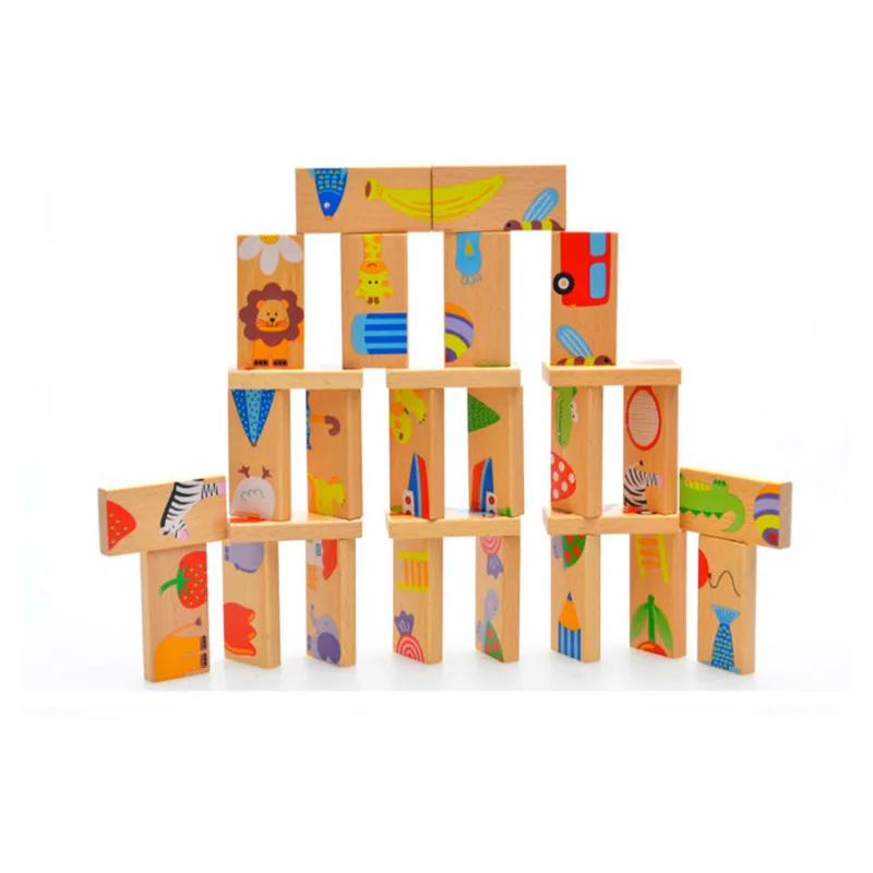 Cute 28pcs/set baby Wooden Dominoes Block Cartoon Animal Colored Jigsaw Tangram children Educational Toys for child domino game