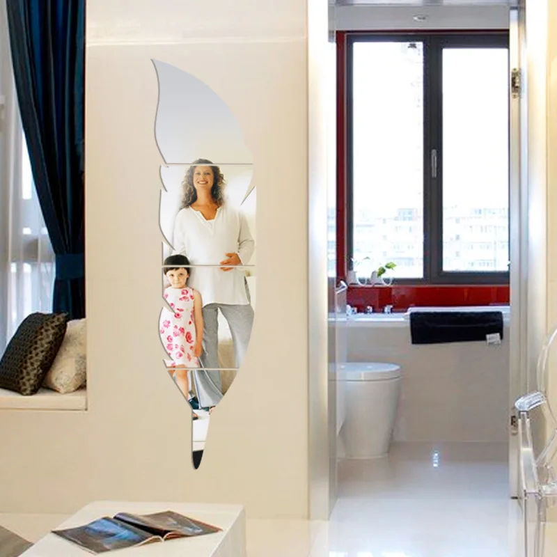 TANGHOME 3D DIY Искусства Перо Акриловые Зеркала Настенные Наклейки Золото Серебро