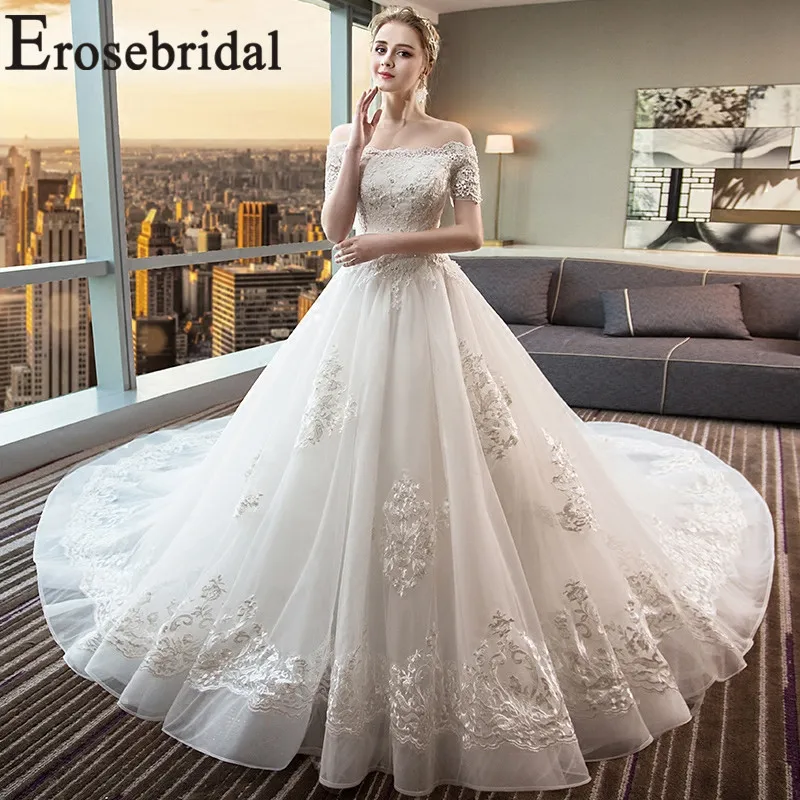Erosebridal Элегантное свадебное платье, кружевное свадебное платье с длинным шлейфом и коротким рукавом, лиф, дизайн с бисером Vestido De Noiva
