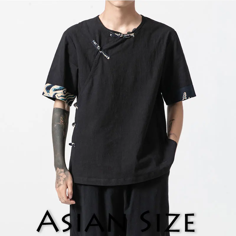Sinicism Store мужские лоскутные футболки Harajuku уличная летняя хлопковая льняной Топ Мужская футболка в китайском стиле белые футболки - Цвет: Black(Aisan Size)