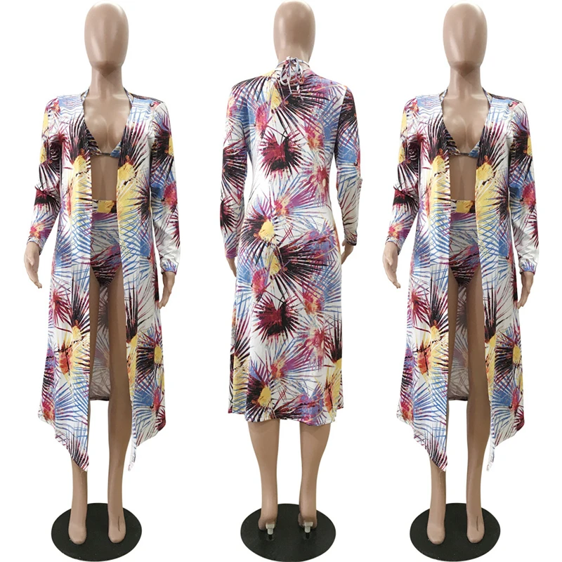 Женский пляжный комплект из 3 предметов кардиган с длинными рукавами топ-труба