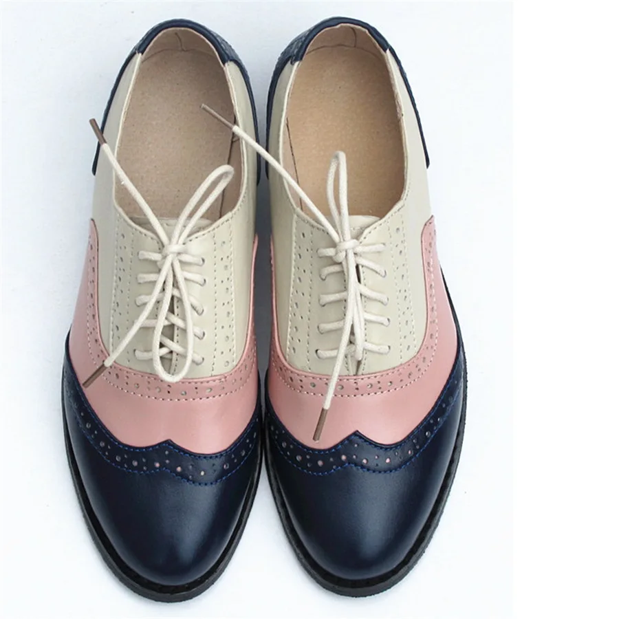 blue pink beige Женские туфли-оксфорды на плоской подошве; ручная работа; винтажная женская обувь; сезон весна-лето; лоферы на шнуровке; коричневые Повседневные тапочки плоские туфли - Цвет: blue pink beige