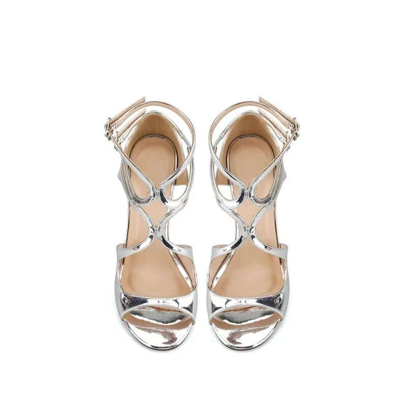 Plus Size Gold Sandals Women High Heels Shoes Summer Peep Toe Sexy Party Shoes Hollow Round Toe Thin Heel Sandalias Mujer