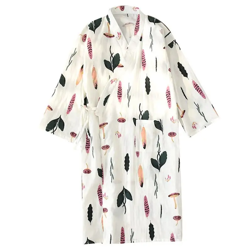 

100% Gauze Cotton Kimono Robe Women Sleepwear Nightwear Summer Long Sleeved Bathrobe With Pocket Dressing Gown Bathroom Spa Robe