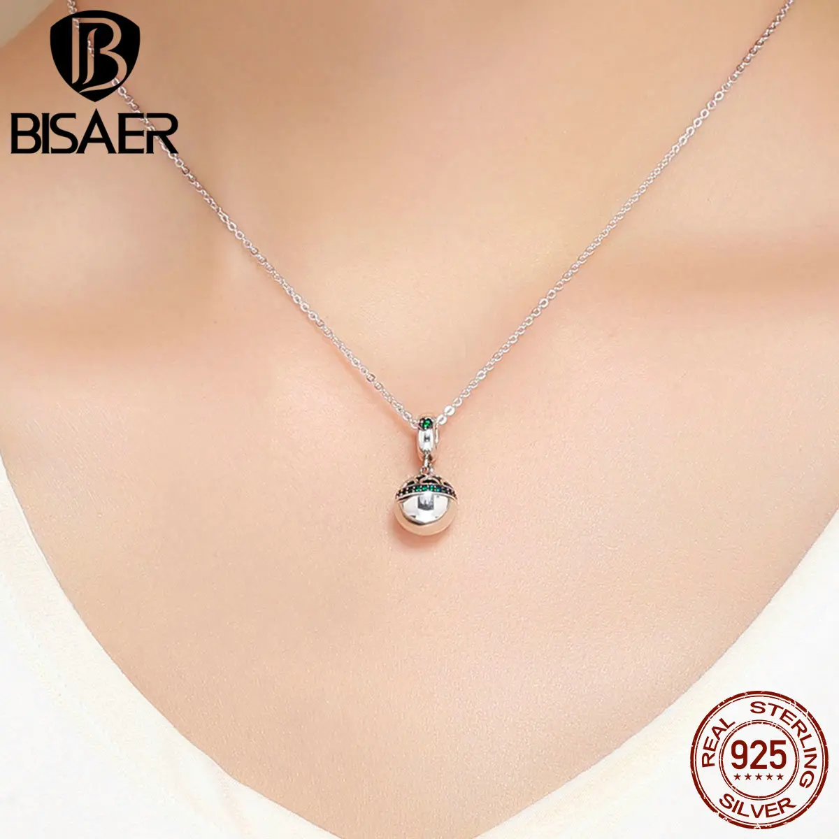 BISAER Настоящее 925 пробы серебро зеленый CZ Любовь Сердце Подарочная коробка Шарм бусины подходят браслеты DIY ювелирных изделий ECC689-LB
