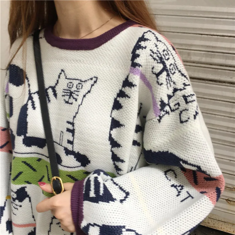 Super Cute Kawaii Cartoon Cat Sweater Women Autumn Winter Loose Long Pullovers Knitted Plus Size Knitwear Jumpers Ladies | Женская
