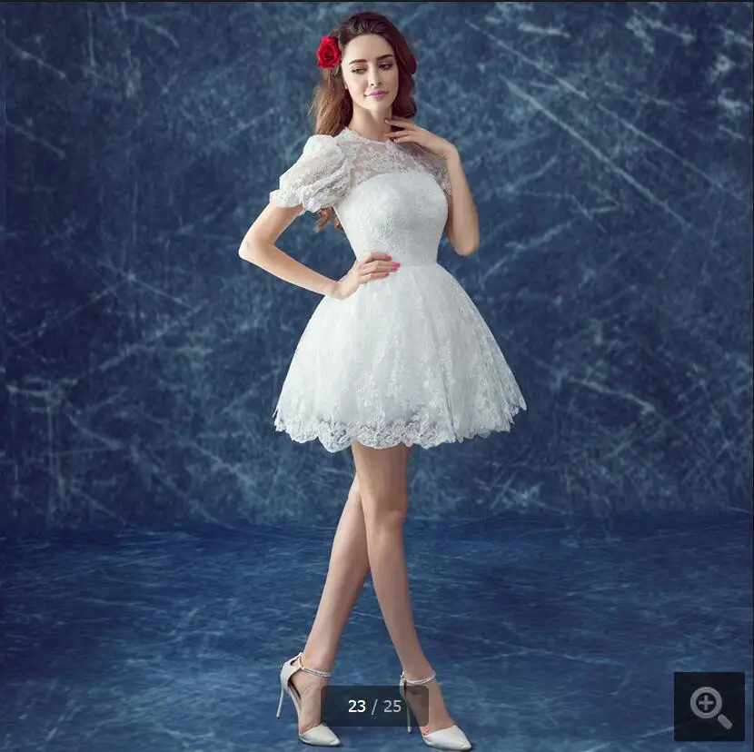 2017 милое короткое платье трапециевидной формы с пышными рукавами белое