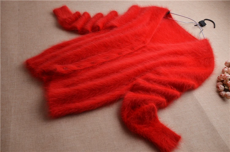 Ladies women autumn red christmas small size plush angora rabbit fur knitted V-neck long sleeves cardigans sweater coat winter |