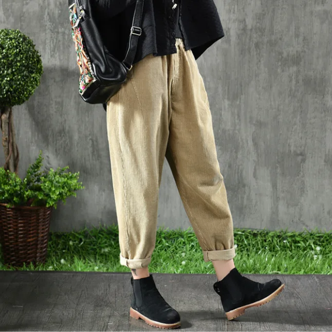 Женские вельветовые брюки с эластичной резинкой на талии свободные однотонные