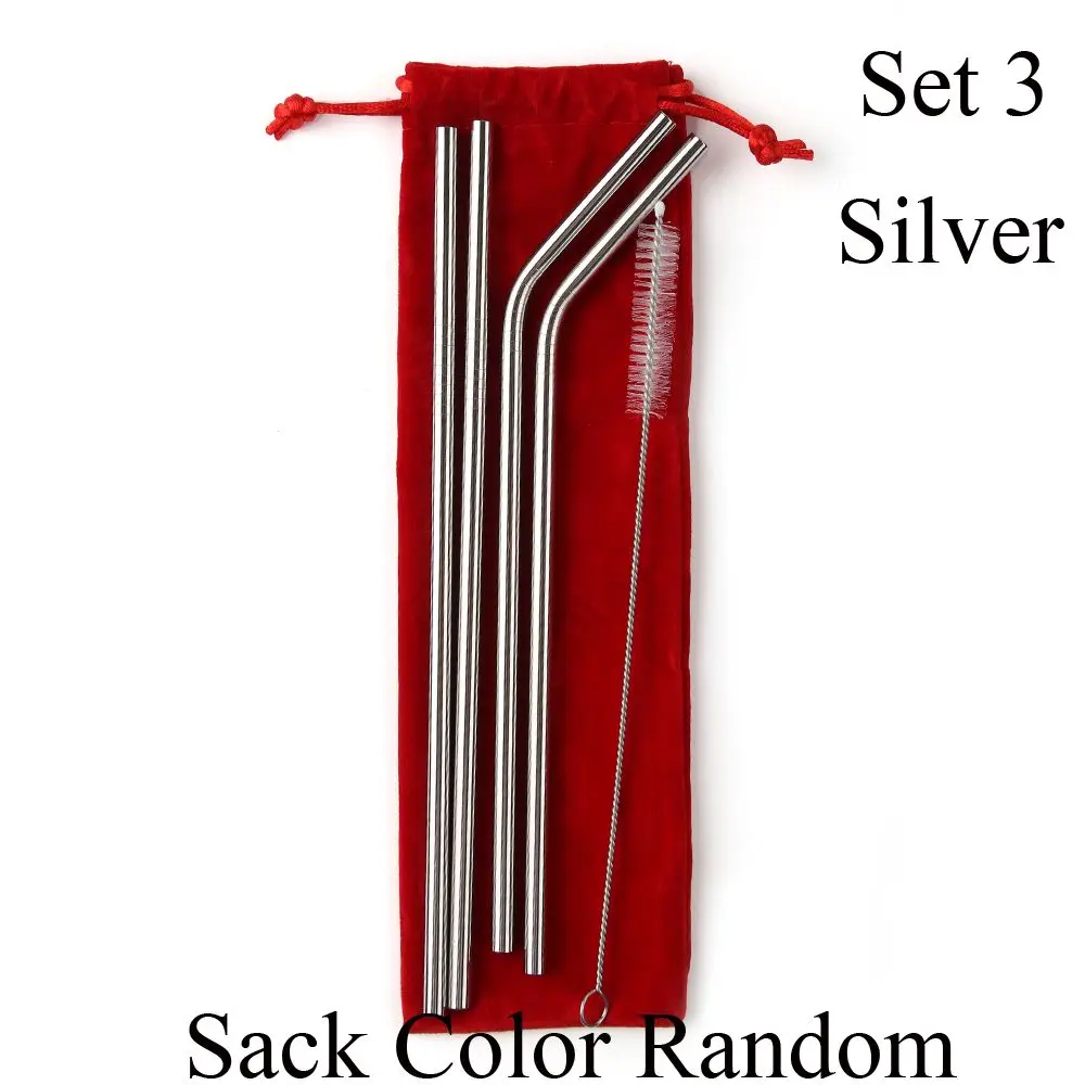 set3 silver 1 комплект соломинки из нержавеющей стали с чистящей щеткой бесплатный мешок прямые/изгиб многоразовые, для питья кружка с соломкой чашки бар аксессуары - Цвет: set3 silver