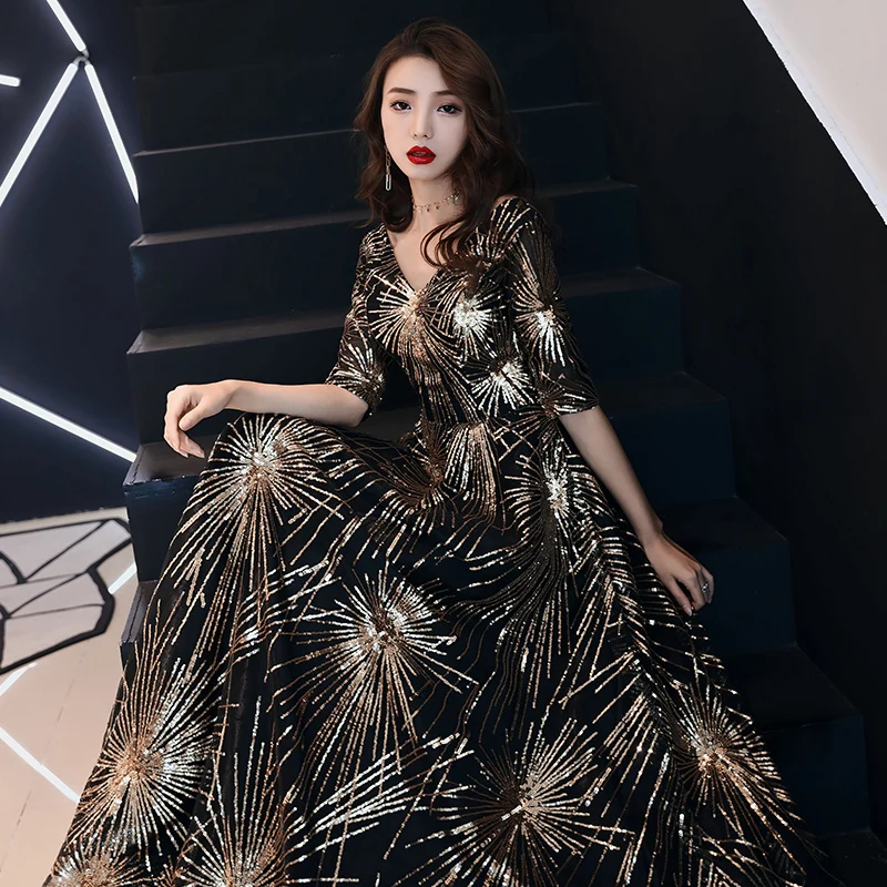 2020 Luxury Long Sequin Evening Dress Black A Line V Neck Cheap Gowns Half Sleeves Prom Party Formal Dresses LF199 | Свадьбы и