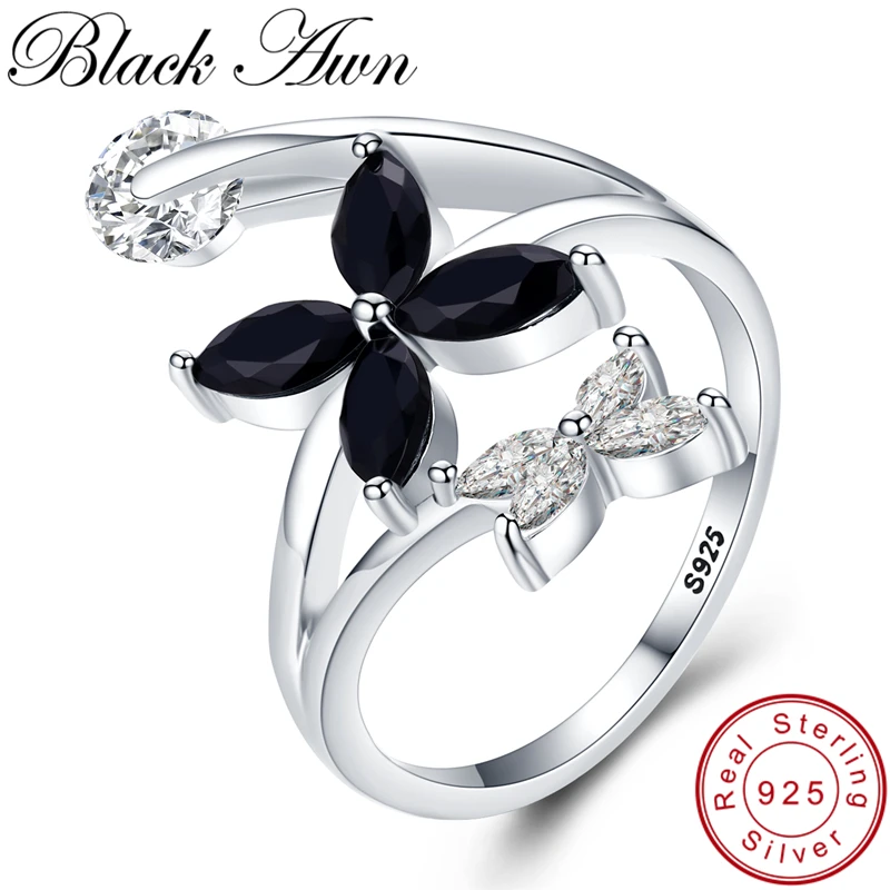 [BLACK AWN] Cute 925 Sterling Silver Jewelry Zircon Flower Elegant Wedding Rings for Women Black Spinel Girl's Finger Ring G055|Кольца| |