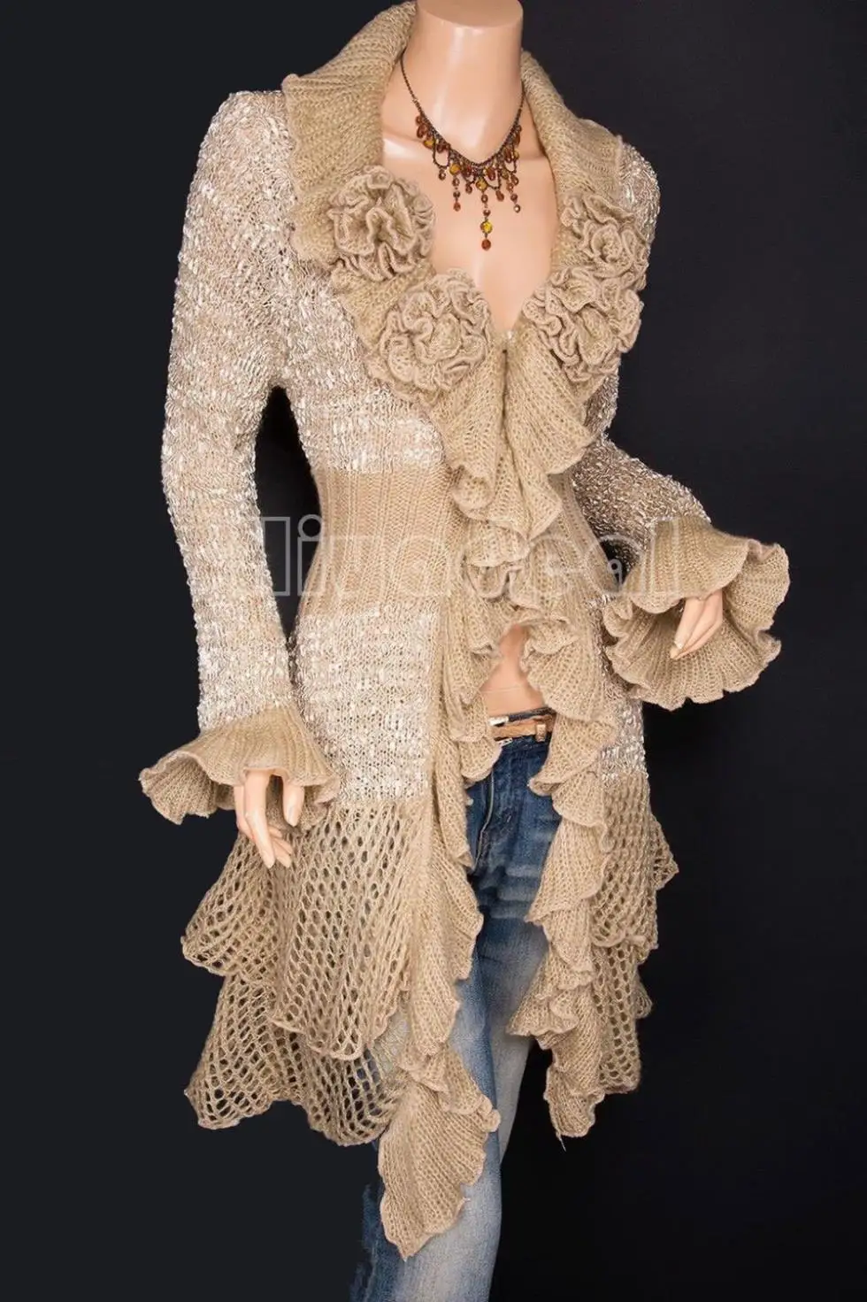 Free Shipping Women Fold Floral Applique Tiered Hem Cardigan Long Knitted Sweaters 2015 New Arrival Promotion |