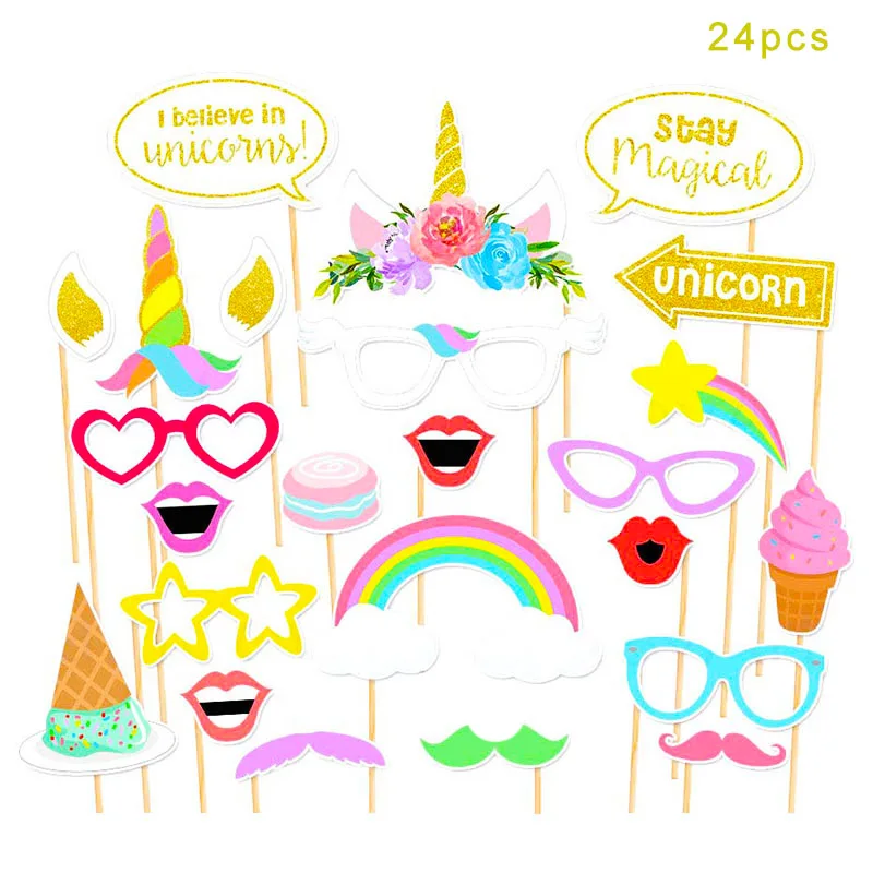 24pcs Photo Props На день рождения с изображением единорога декоративный комплект Единорог пластины салфетки для стаканчиков покрытие стола Беби Шауэр детский украшение на день рождения, вечеринку поставки - Цвет: 24pcs Photo Props