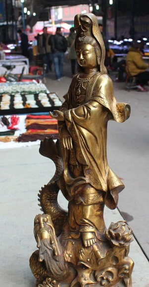 22 &quotКоролевская китайская Бронзовая позолота Дракон Кван-Инь Quan Yin Guan статуя