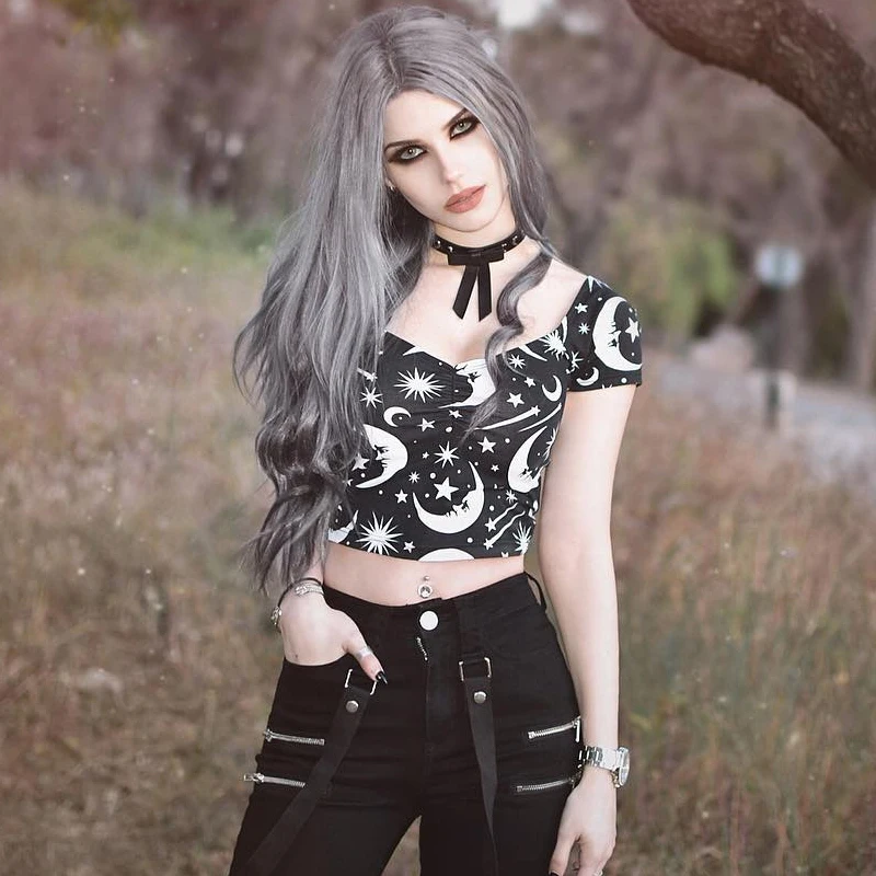 WannaThis Moon Stars Печатный укороченный Топ для женщин короткий рукав кроп Топы Черный готичный панк стиль Глубокий v-образный вырез Тонкий Повседневный сексуальный топ топы