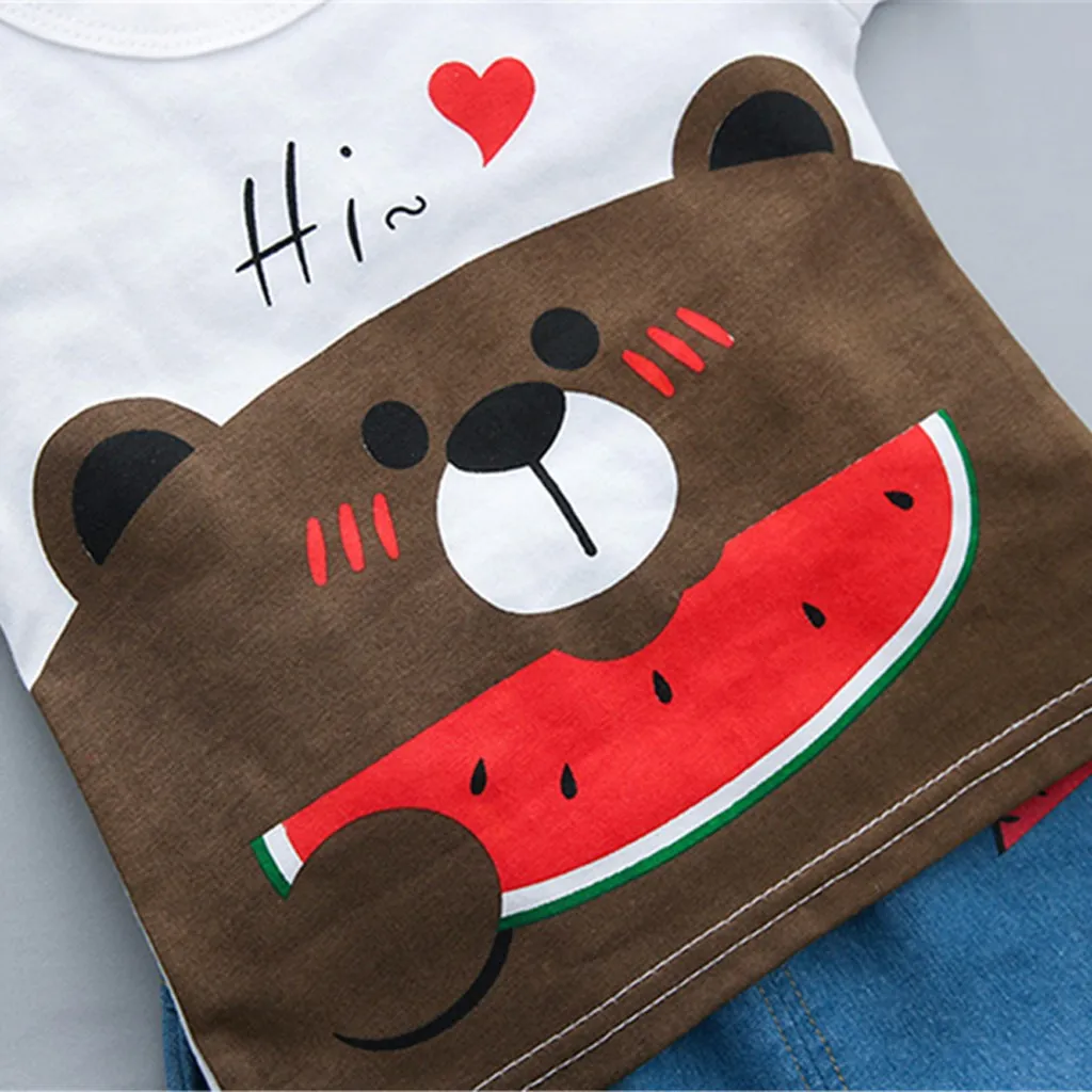 Toddler Kid Baby Boys Girls Bear Print Children Cartoon Cotton T-shirt Tee Tops Denim Watermelon Shorts Trousers Outfits Set | Детская