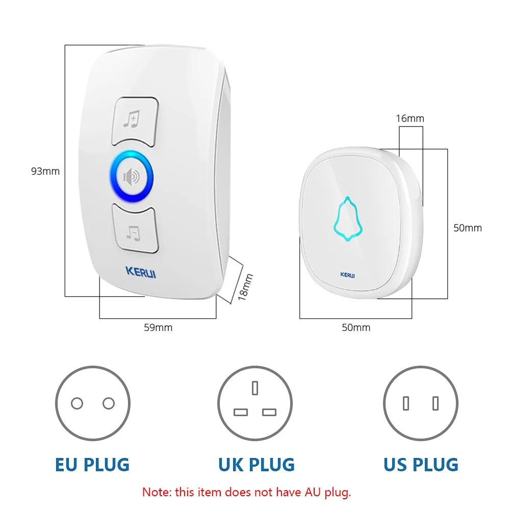 Kerui M525 Водонепроницаемая дверная звонилка с 32 вариантами музыки, беспроводная до 500 футов, с батареей 23A 12V, белого цвета.