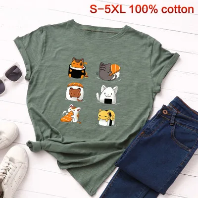army green SINGRAIN, милые суши, большие размеры, женская футболка, модная, летняя, короткий рукав, базовые футболки, топы, милый кот, мультфильм, хлопковая Футболка с принтом - Цвет: army green