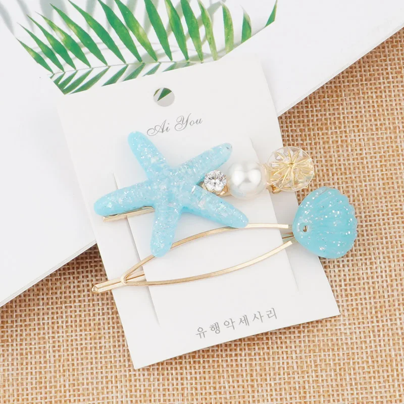 light blue 2 шт./компл. новая блестящая заколка в виде морской звезды ассиметричная небесно-голубая пляжная оболочка заколки для волос для девочек жемчужные хрустальные утенки шпильки женские заколки - Цвет: light blue