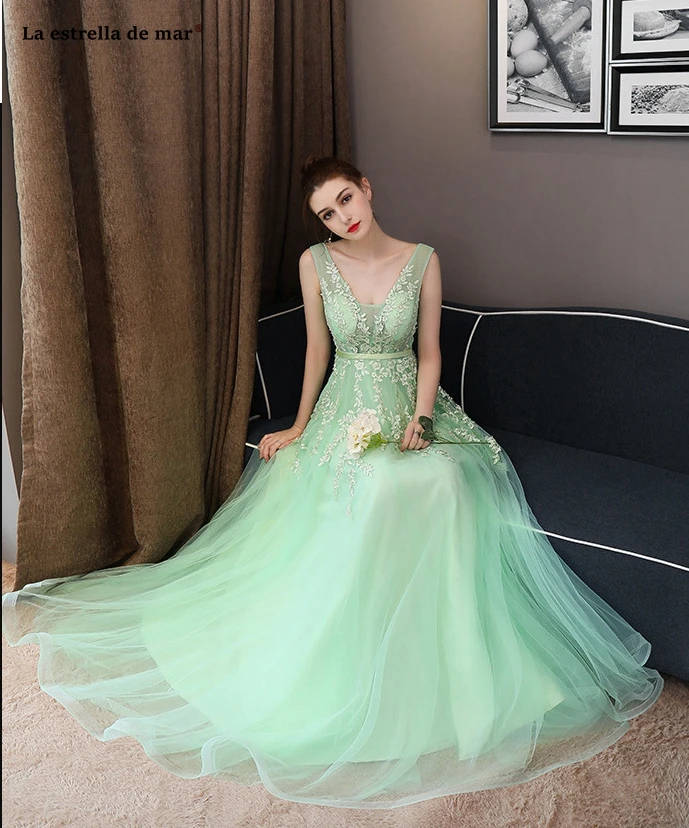 Vestidos fiesta boda, новинка, сексуальное платье с v-образным вырезом, Тюлевое, Персиковое, Мятное, зеленое, Персиковое, розовое, длинное платье подружки невесты