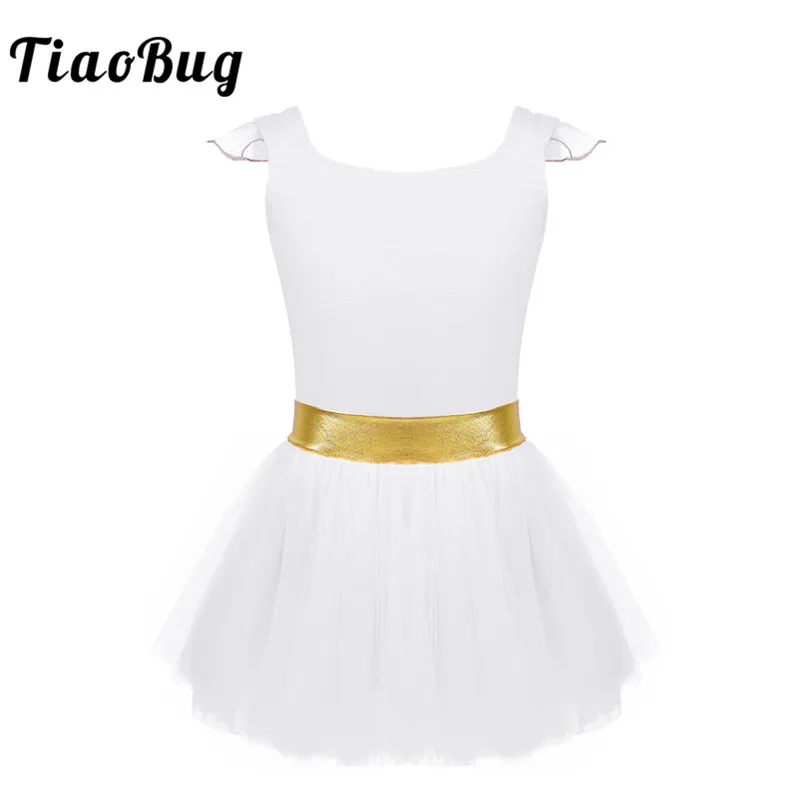 

TiaoBug Kids Girls Ballet Tutu Dance Leotards Dress Mesh Flying Sleeve Gold Striped Stage Dance Costume Child Gymnastics Leotard