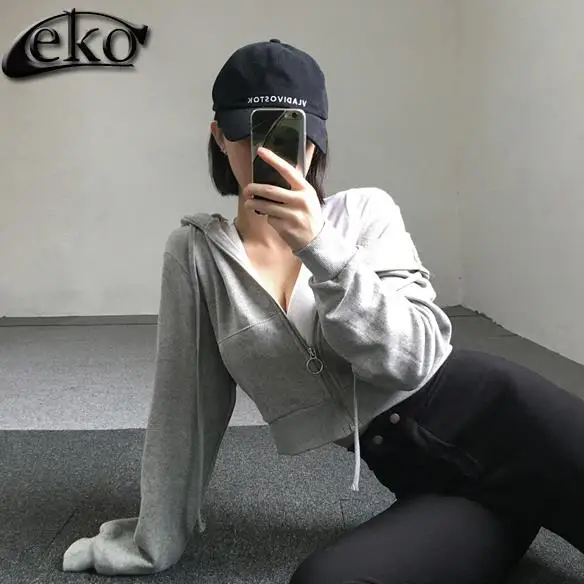 Повседневный укороченный спортивный костюм, куртка с капюшоном, короткая модная женская Толстовка на шнурке с капюшоном и длинным рукавом на молнии, укороченная толстовка с капюшоном