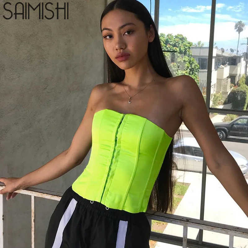 Saimishi, флуоресцентный, без бретелек, открытая спина, грудь, обёрточная бумага, Женский перекрестный Топ, женский ремень, сексуальный тонкий бандаж, неоновый зеленый топ на бретелях