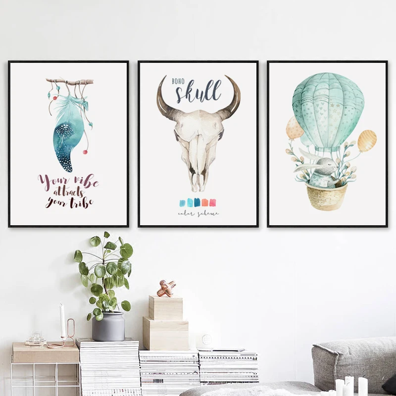

Nordic Style Cute Watercolor Hot Air Balloon Feather Animal Canvas Abstract Painting Poster Bedroom Home Wall Art Decoration