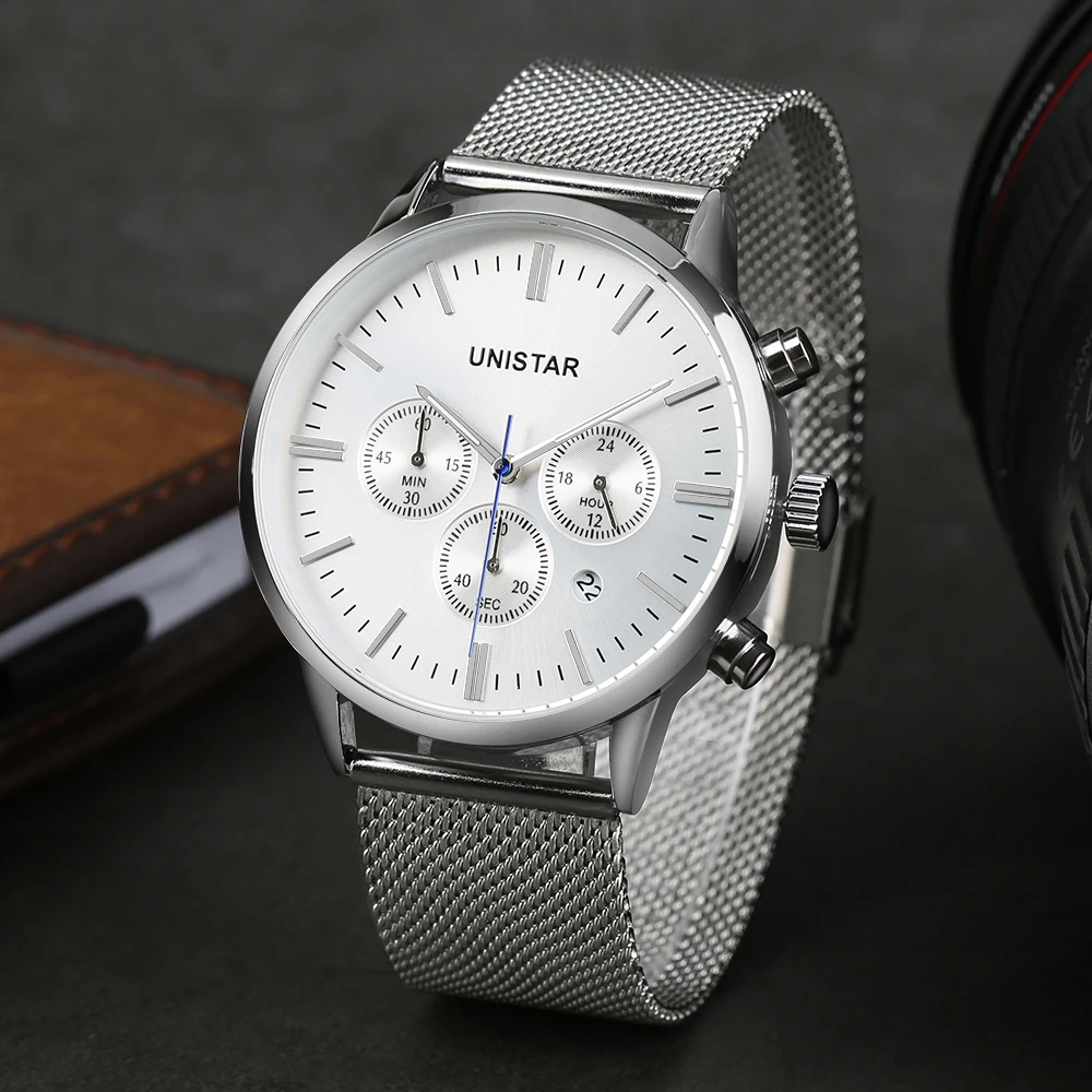 Unistar Роскошные Для мужчин часы Нержавеющая сталь кварцевые Топ человек