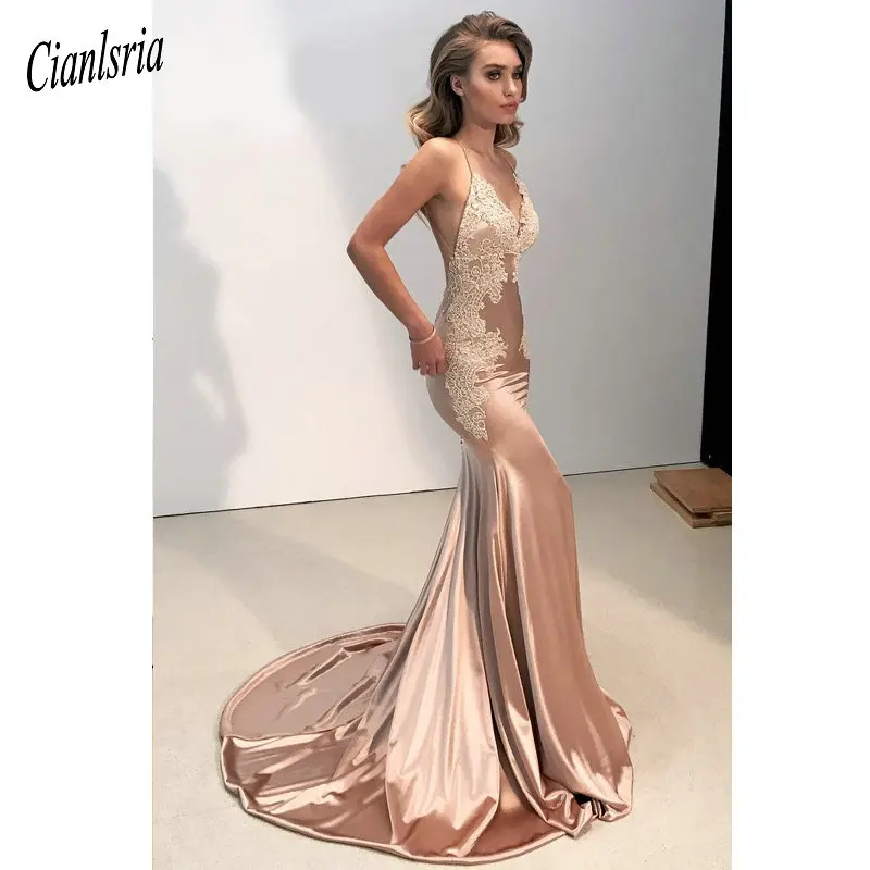 

Rose Gold Sexy Spaghetti Straps Backless Long Mermaid Evening Dress 2020 Lace Appliques Custom made Formal Evening Party Dresses