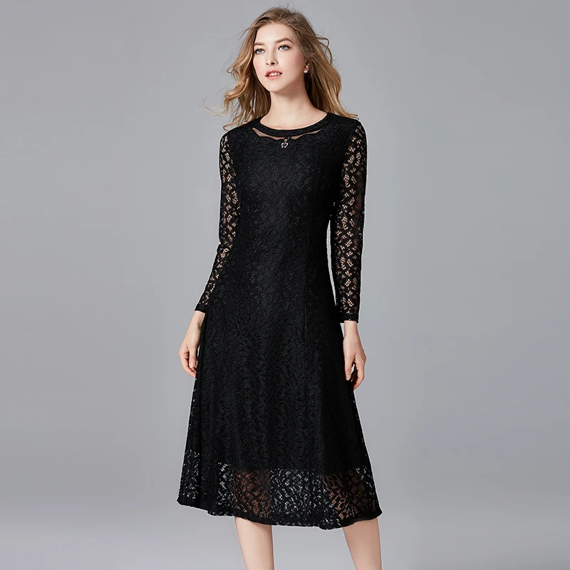 Женское платье с цветочным принтом Черное Кружевное Платье до щиколотки