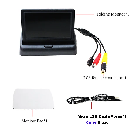 With Black USB Cable USB автомобильный монитор, 4,3 дюймов, складная автомобильная парковка, заднего вида, дисплей, монитор 5 В, питание от Micro USB, зарядное устройство, кабель для передачи данных - Цвет: With Black USB Cable