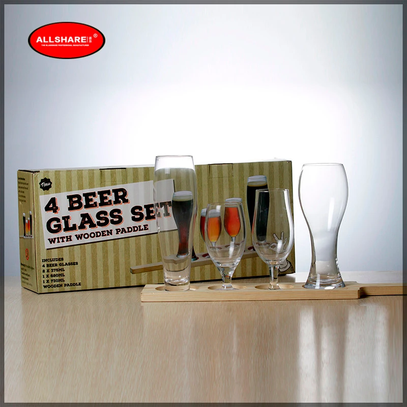 

High quality new fashion lead-free hand-blown beer mug beer goblet 4 piece set with wooden tray 603001