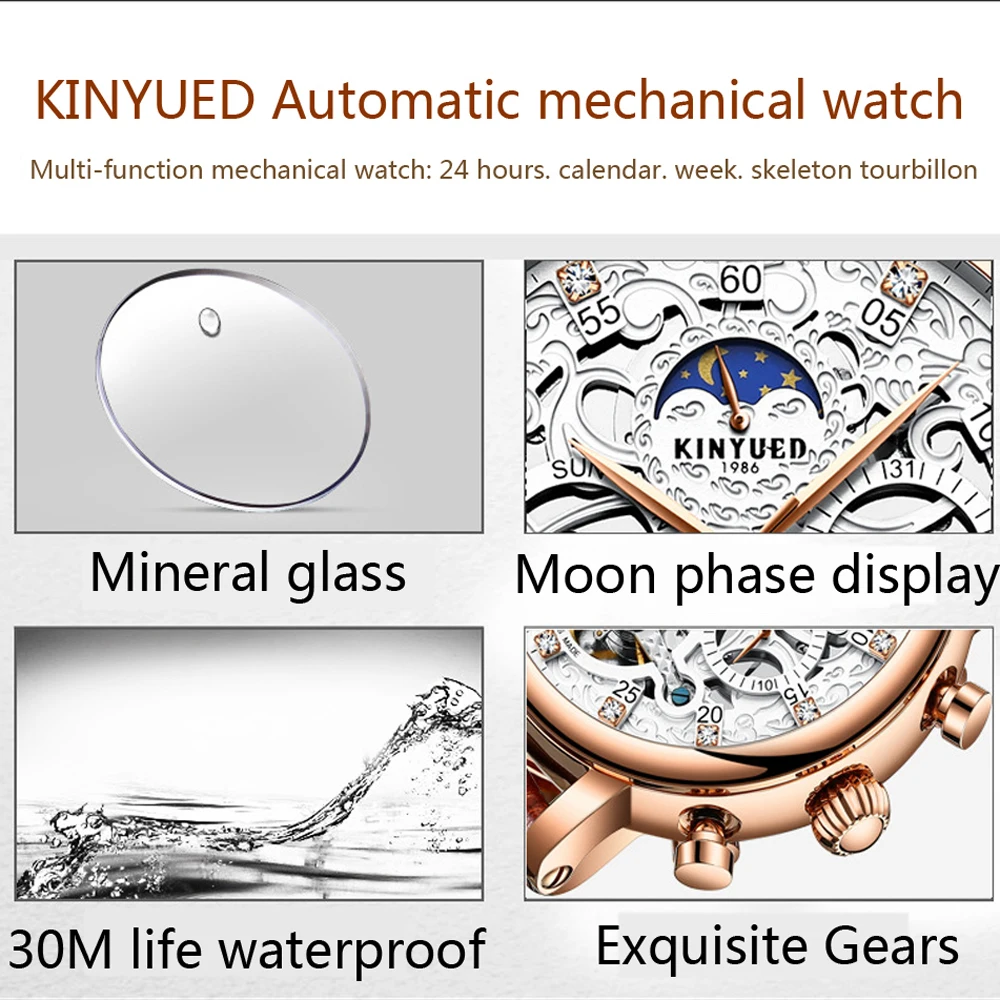 KINYUED Скелет автоматические часы для мужчин Защита от солнца Moon Phase водонепроницаемый s Tourbillon механические часы лучший бренд Роскошные наручные часы