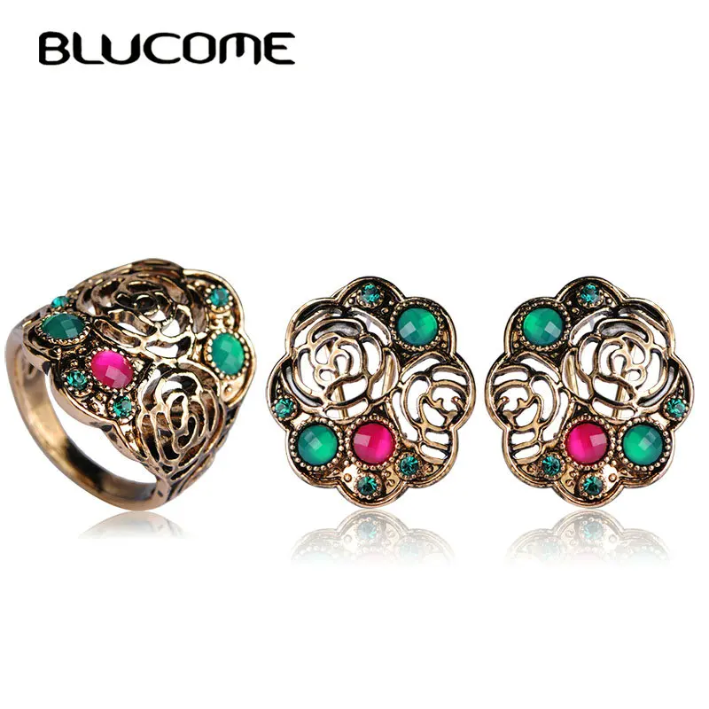 

Blucome Turkish Style Flower French Hooks Stud Earrings Rings Jewelry Set Hollow Out Women Wedding Party Ceremony Accessories