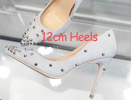 Silver Rivet 12cm Veowalk/пикантные женские туфли на очень высоком каблуке с заклепками; модные женские туфли-лодочки из лакированной кожи с острым носком на шпильке; Цвет по индивидуальному заказу - Цвет: Silver Rivet 12cm