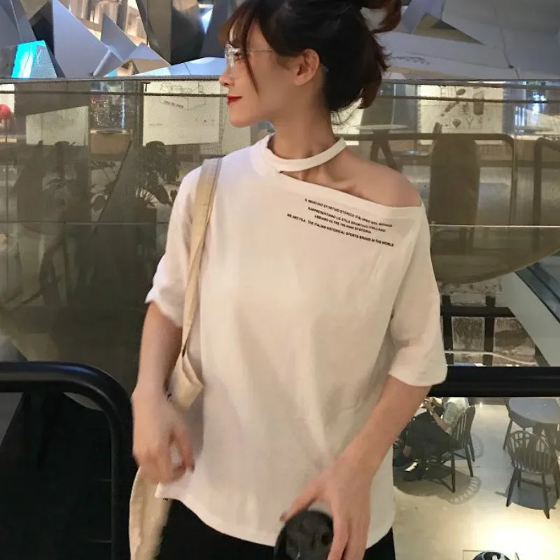 Neploe плечо без бретелек женские футболки лето Hong Kong стиль o-образным вырезом футболки сексуальная свободная, с принтом в виде надписи женские топы 44048