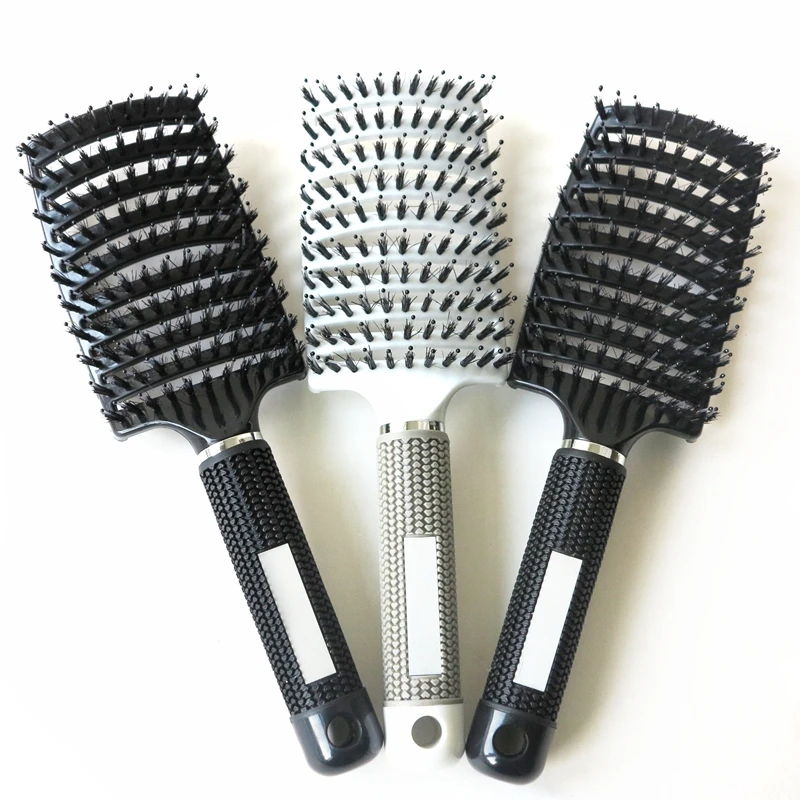 10 Pieces Black OR White Anti-static Curved Hair Extension Brush Combs with Massage Pastic Pins and Rubber Coated Handle