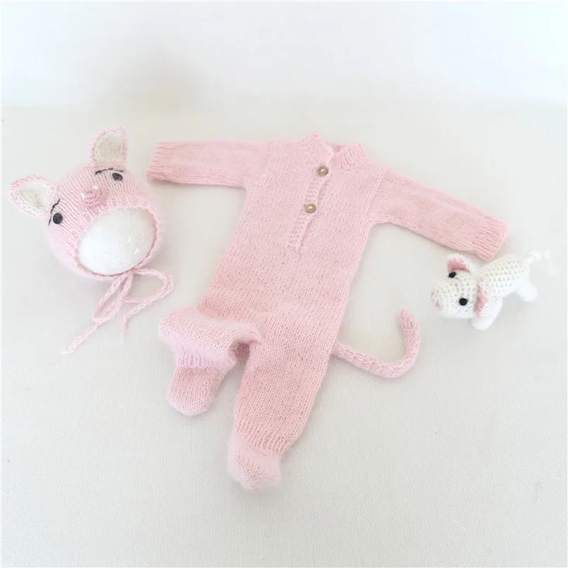 hat toy and romper Розовый комбинезон для новорожденных девочек; вязаная шапка в виде животного; милый комплект одежды для новорожденных; костюм с изображением животных; капот для фотосессии - Цвет: hat toy and romper