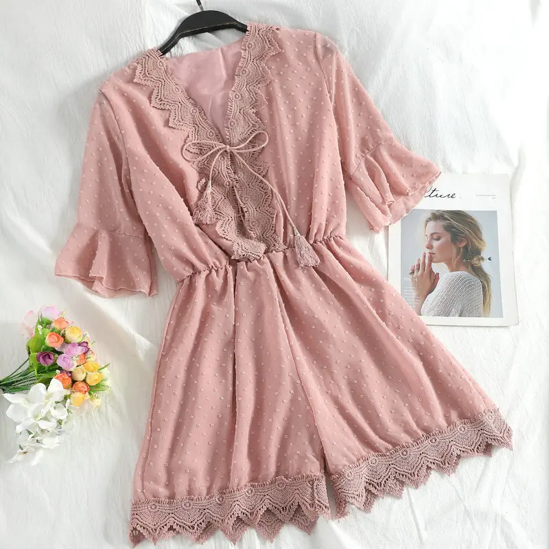 Women Playsuit Женский летний кружевной комбинезон с v-образным вырезом и оборками, винтажный эластичный Облегающий комбинезон с вышивкой - Color: Women Playsuit