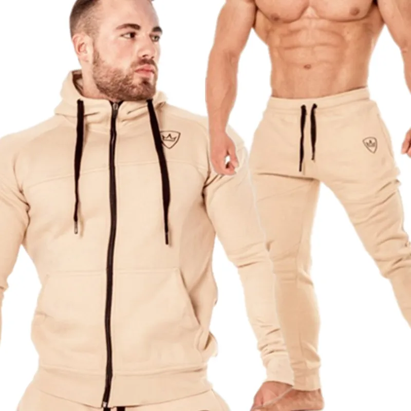 khaki 2 шт., осенний спортивный костюм для бега, Мужская толстовка, спортивный комплект, одежда для спортзала, мужской спортивный костюм, тренировочный костюм, спортивная одежда - Цвет: khaki