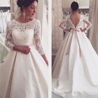 vestido de noiva 2022 wedding dresses long a line 34 sleeves appliques lace sexy backless wedding gown bridal dresses