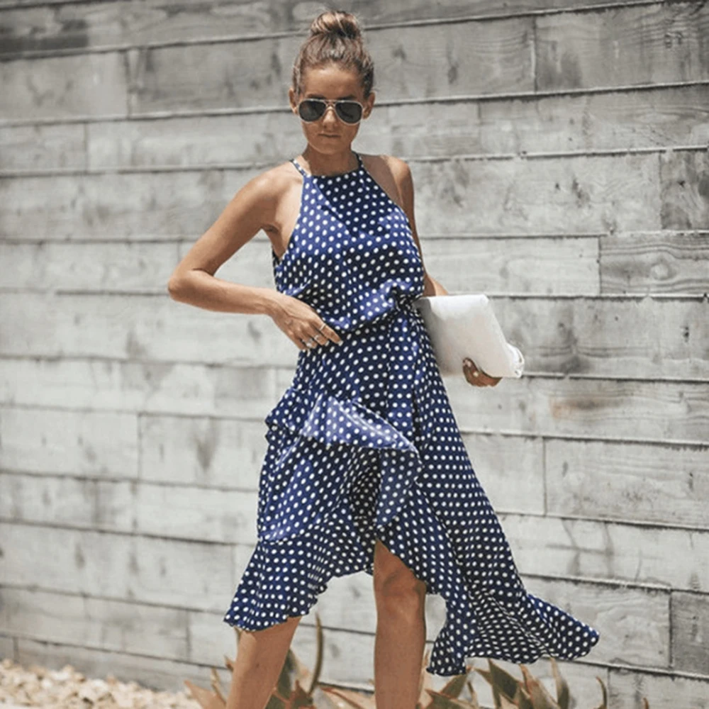 Женское мини платье AOWOFS летнее в горошек с рюшами Коктейльная юбка Повседневная